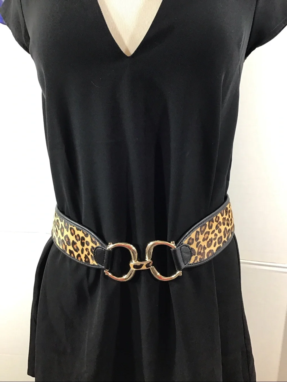 Chico's Leopard Print Wide Waist Belt with Gold Interlocking Buckle M